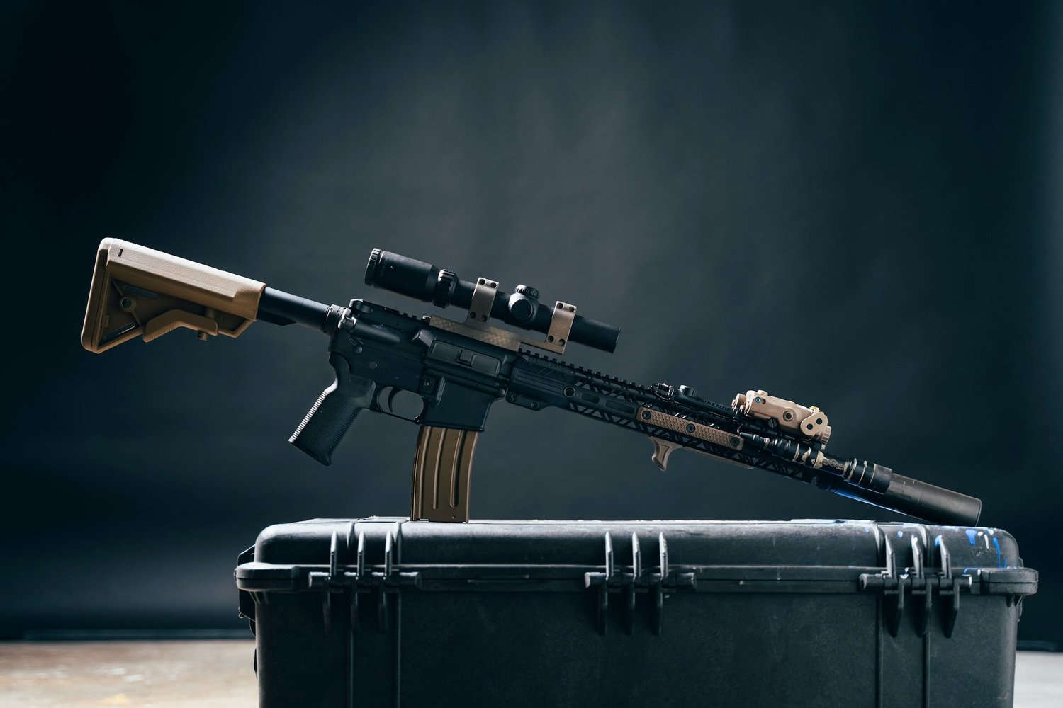 Training rifle on a shooting range bench